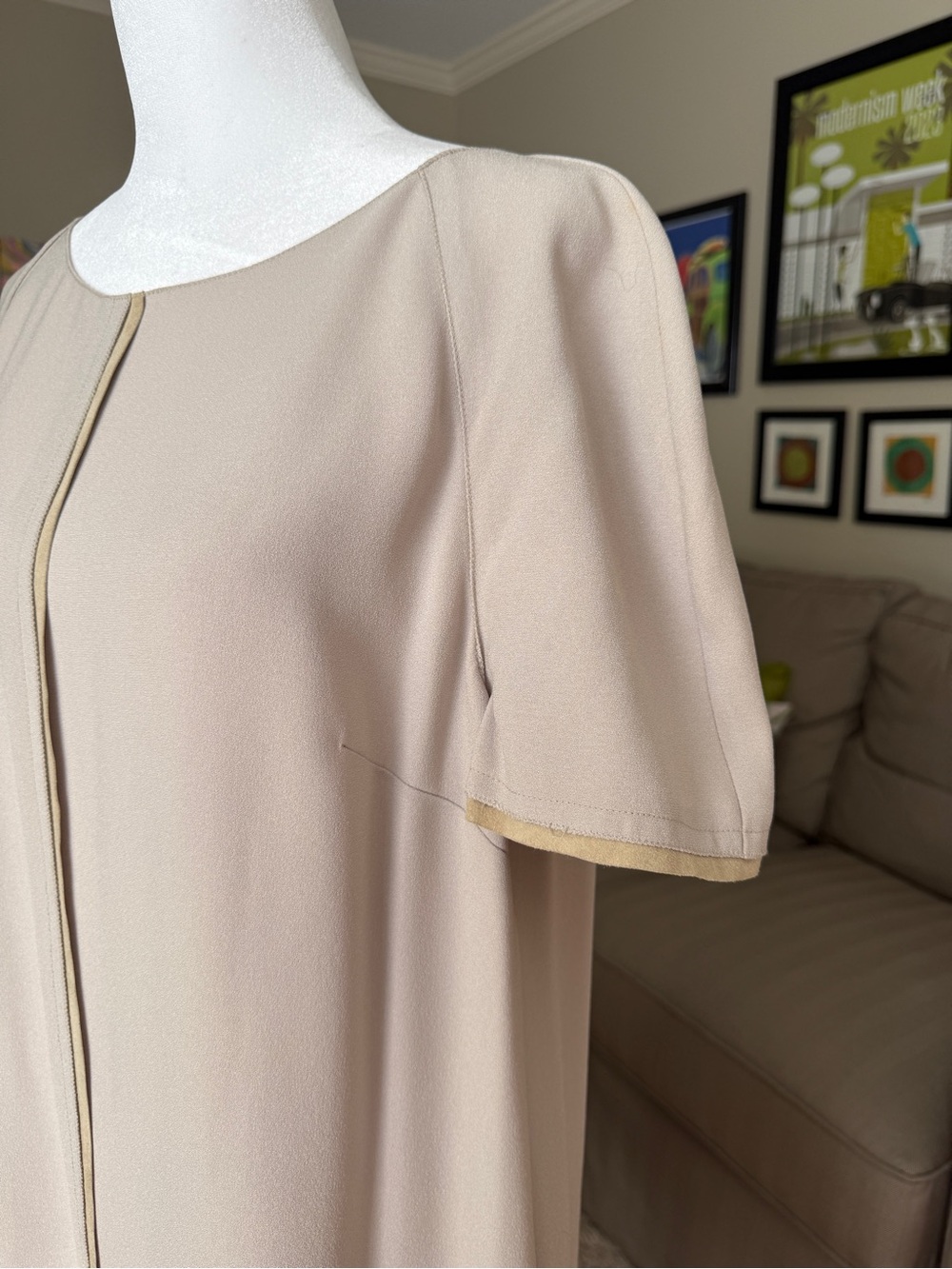 Elie Tahari Beige Midi Dress with Suede Trim - Picture 4 of 5